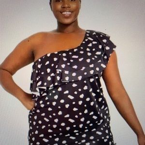 Relaxed One-Shoulder Ruffled No-Wire Swim Tankini 2 piece top size 20, 18 bottom